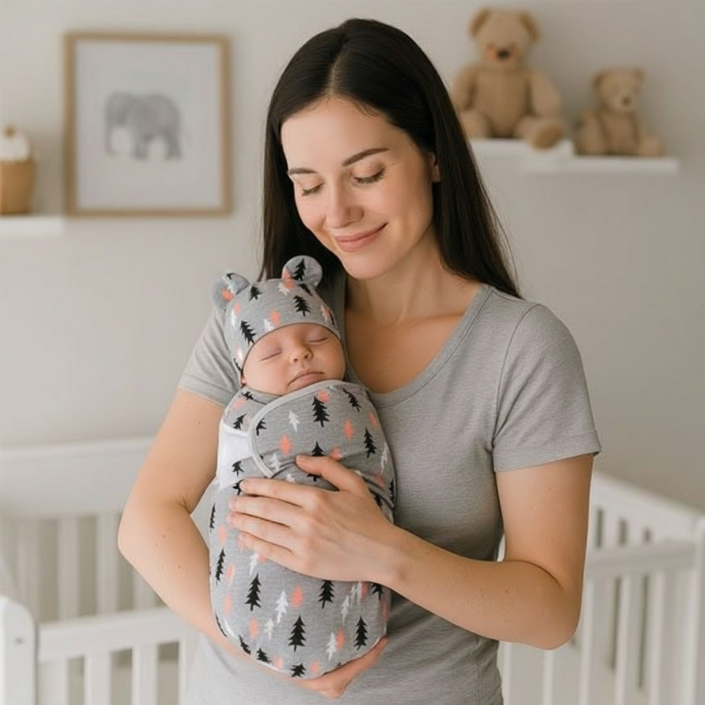 Maman avec bébé emmailloté motif sapins