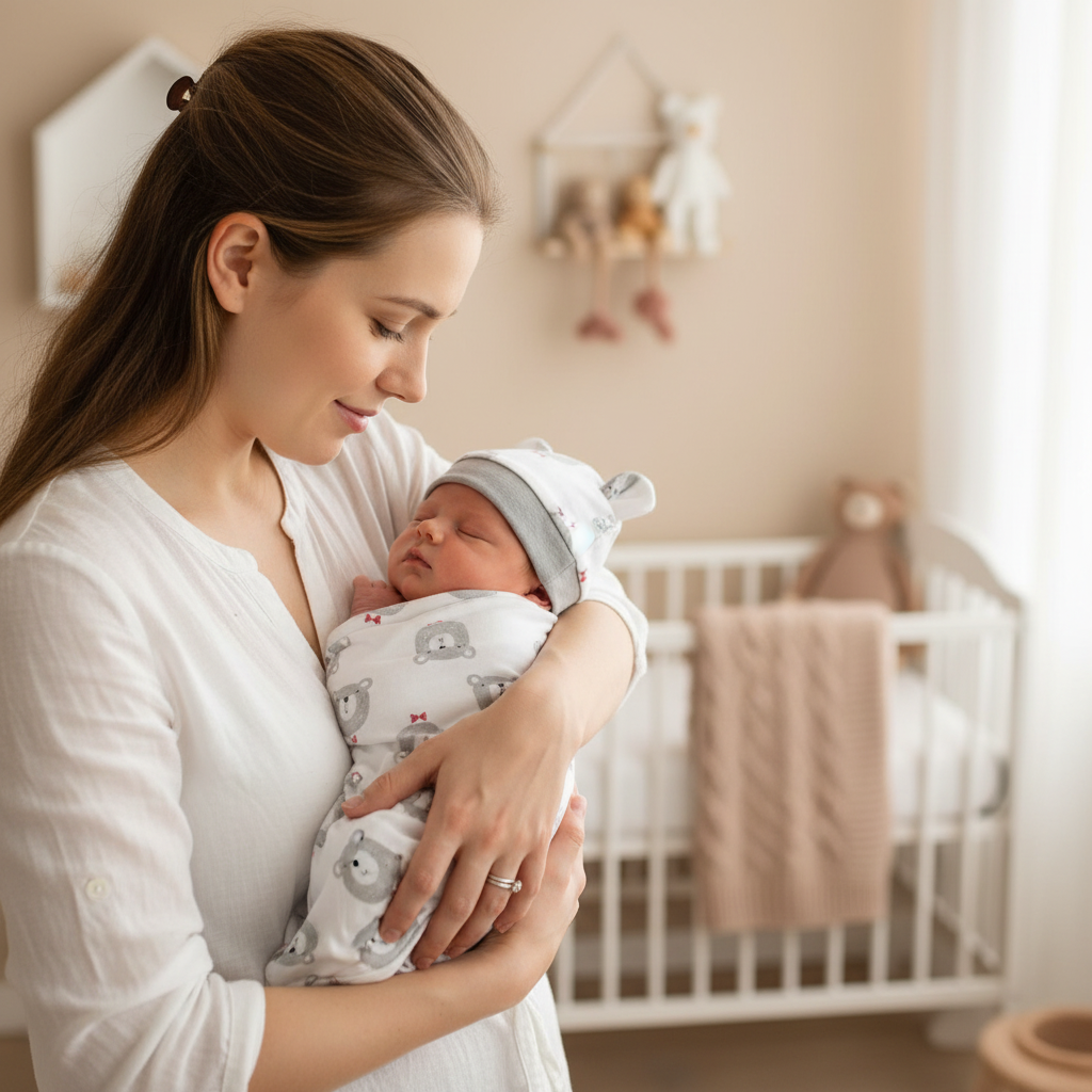 Maman avec bébé emmailloté ours gris