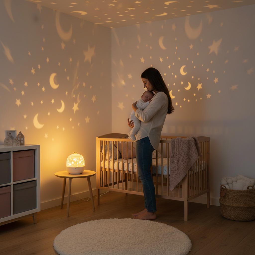 Maman avec bébé et jolie veilleuse projecteur étoiler 