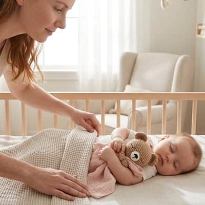 Maman et bébé avec doudou ourson bébé