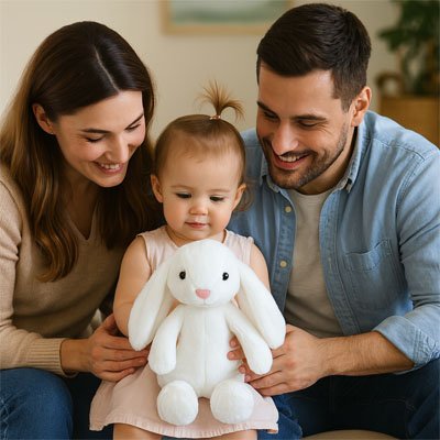 Maman bébé et papa avec peluche lapin blanc 