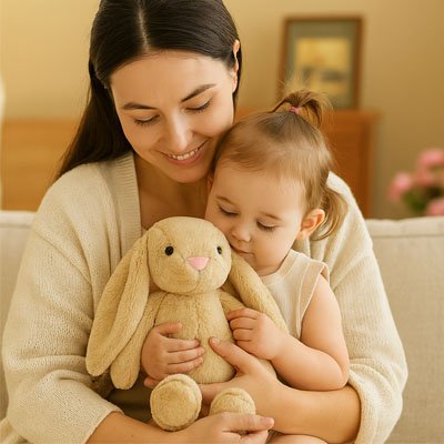Maman bébé et peluche lapin beige 