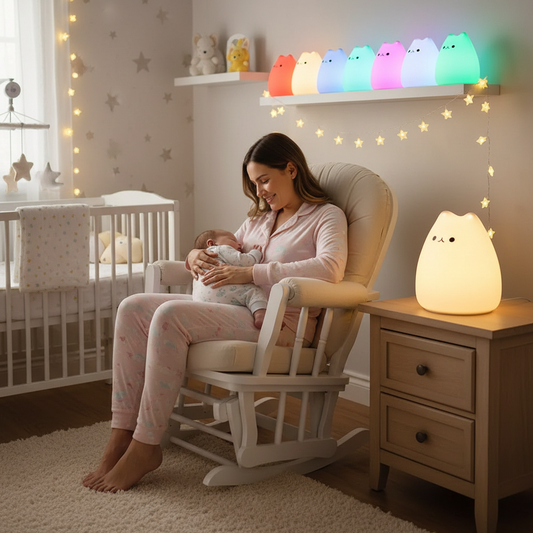 Maman berçant bébé avec veilleuse chat