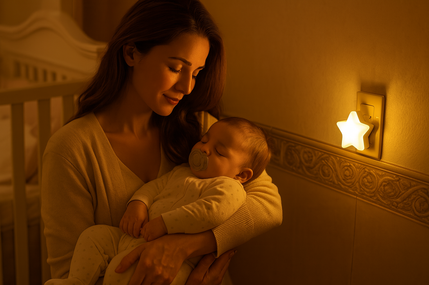 Maman berçant bébé avec veilleuse étoile