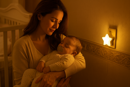 Maman berçant bébé avec veilleuse étoile
