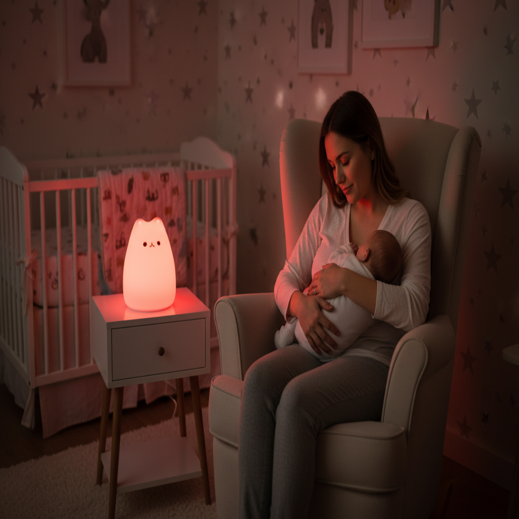 MAMAN BERCE BEBE AVEC VEILLEUSE BEBE CHAT ROUGE 
