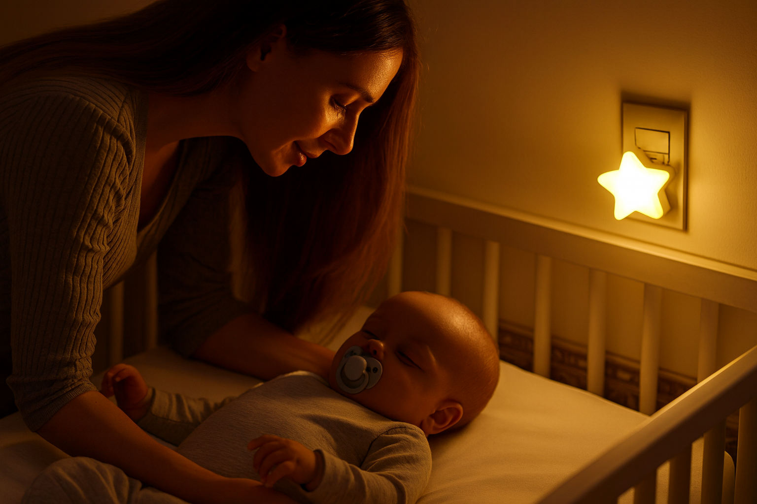 Maman couchant bébé avec veilleuse étoile jaune 