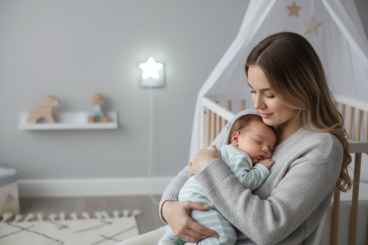 Maman et bébé avec veilleuse blanc froid