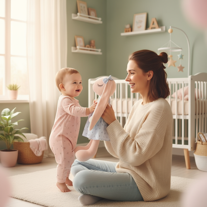Maman et bébé avec les peluches lapins