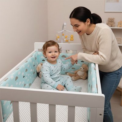 MAMAN ET BEBE AVEC TOUR DE LIT BEBE GARCON