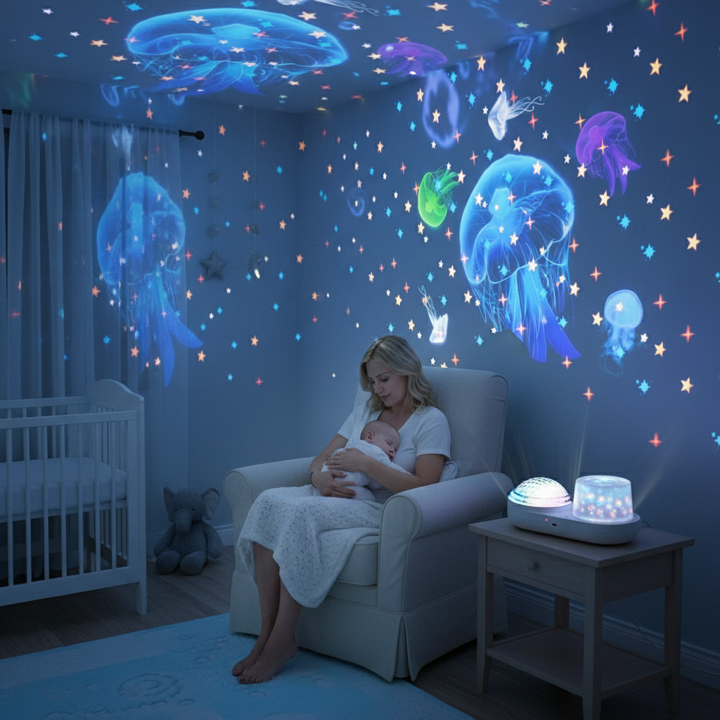 Maman et bébé avec veilleuse projecteur océan
