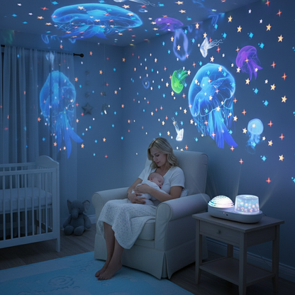 Maman et bébé avec veilleuse projecteur océan