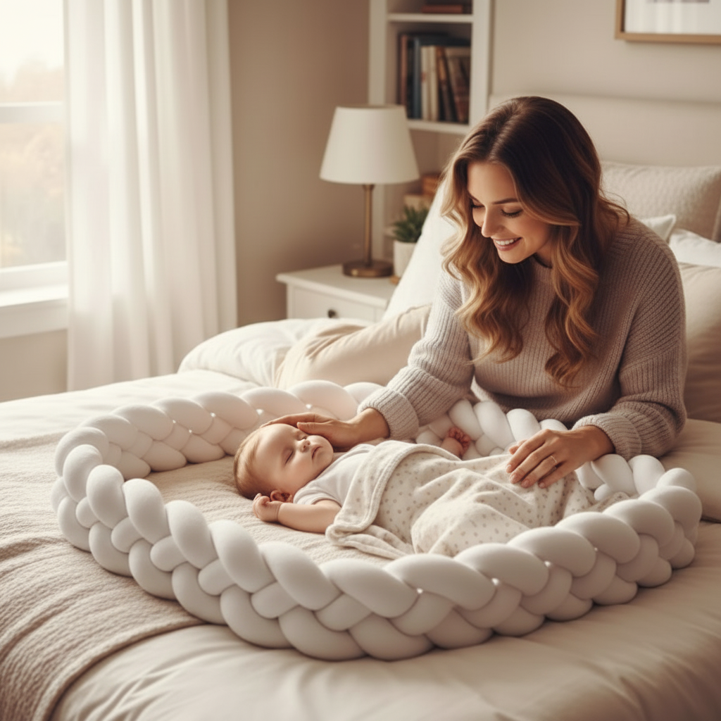 Maman et bébé dans chambre avec tresse de lit blanche 