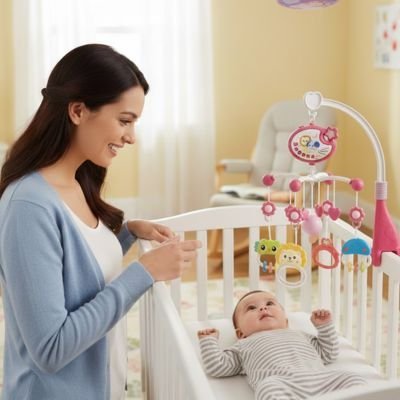 Maman et bébé heureux avec mobile musical bébé 