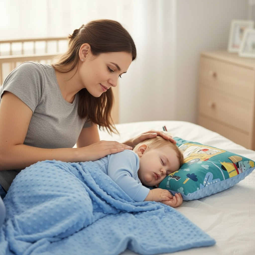 Maman et bébé  moment tendre avec oreiller enfant 
