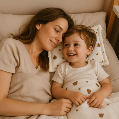 Maman et enfant avec oreiller bébé oursons