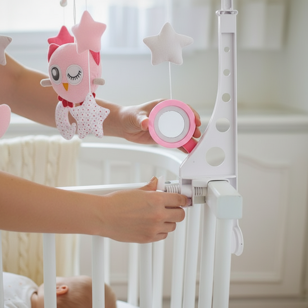 Maman installe mobile musical bébé hibou rose 