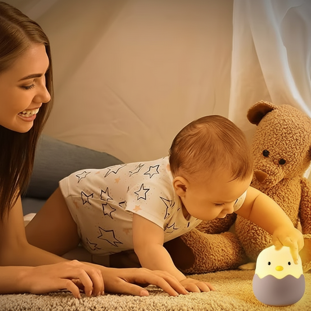 Maman joue avec bébé et veilleuse poussin