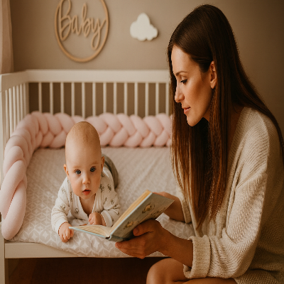 Maman lisant une histoire avec tresse de lit en arrière-plan