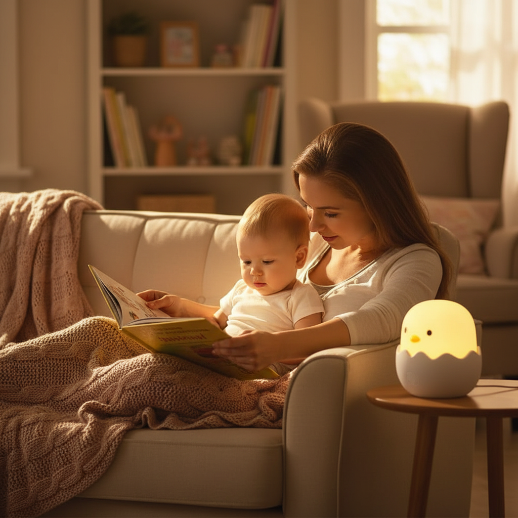 MAMAN LIT HISTOIRE AVEC VEILLEUSE BEBE POUSSIN LUMINEUX 