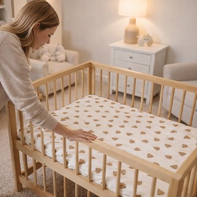 Maman regarde drap housse lit bébé motif ourson