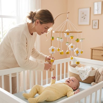 Maman sécurise bébé avec mobile pour bébé abeilles jaune 