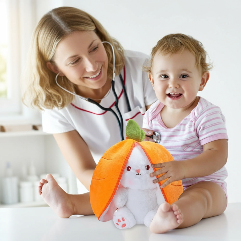 Médecin avec bébé et peluche lapin carotte