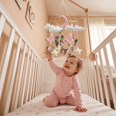 Mobile bébé avec bébé stimuler et souriant