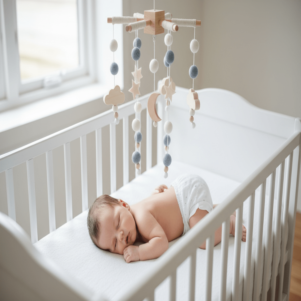 Mobile bébé boule bleu et bébé qui dort 