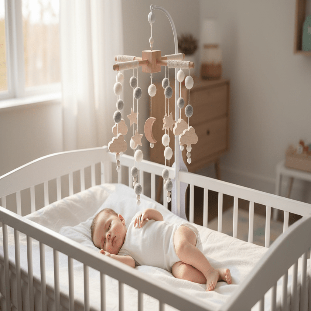 Mobile bébé bois et boule gris avec bébé