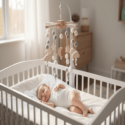 Mobile bébé bois et boule gris avec bébé