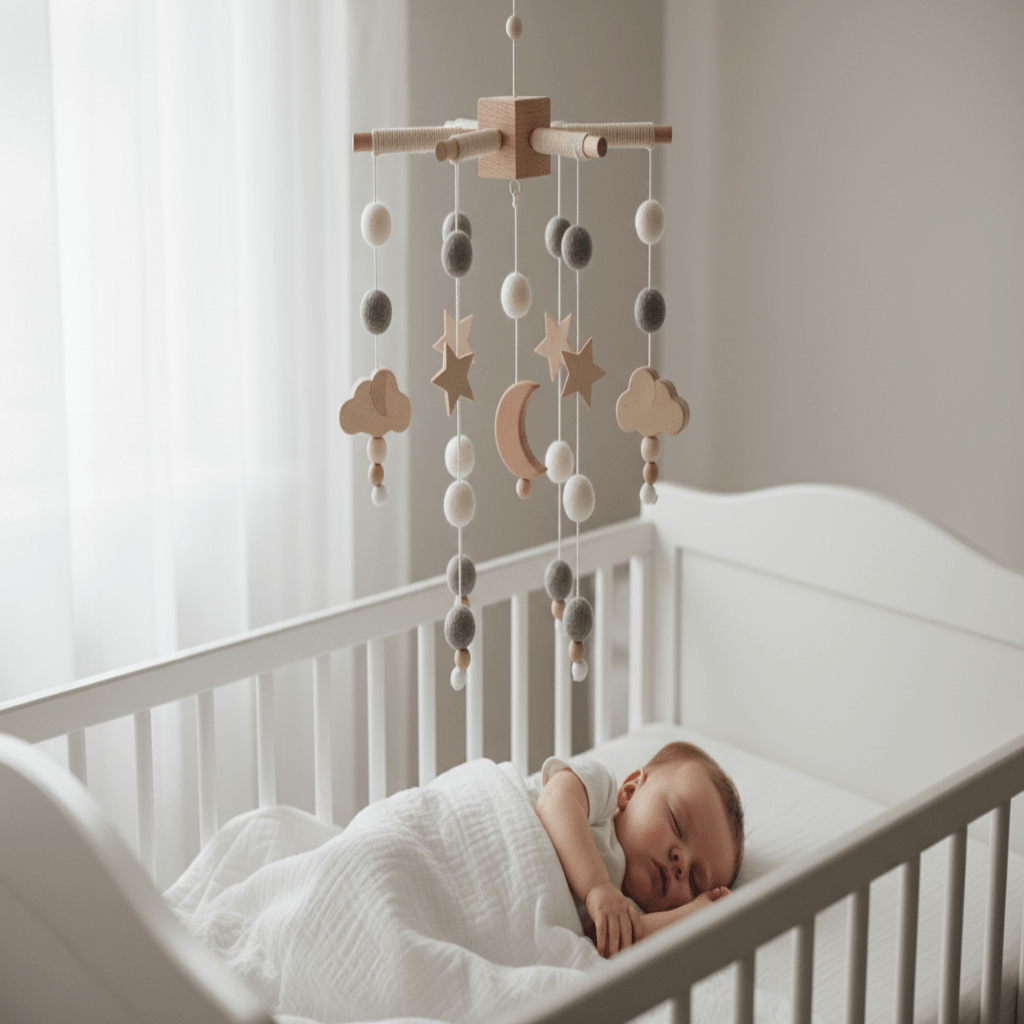 Mobile bébé bois naturel avec bébé apaiser