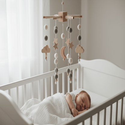 Mobile bébé bois naturel avec bébé apaiser