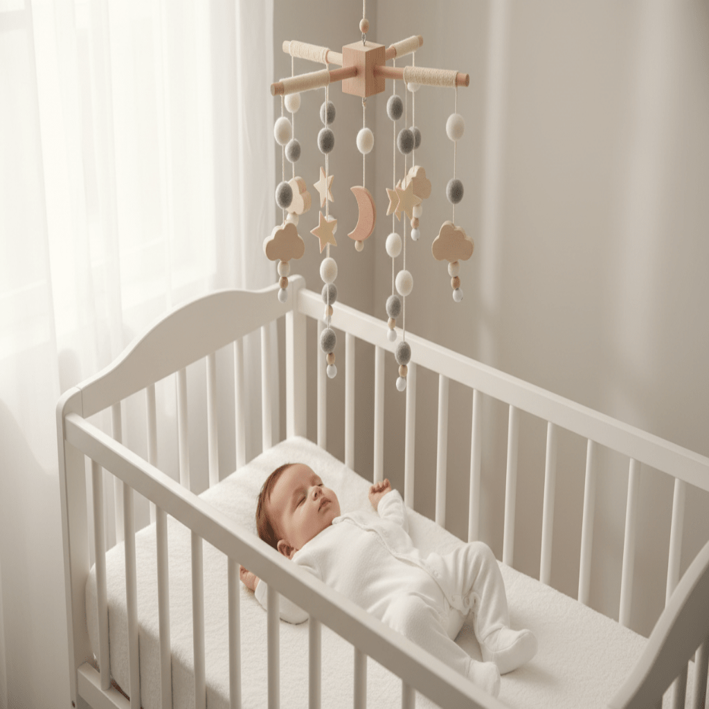 Mobile bébé bois naturel avec bébé endormi 