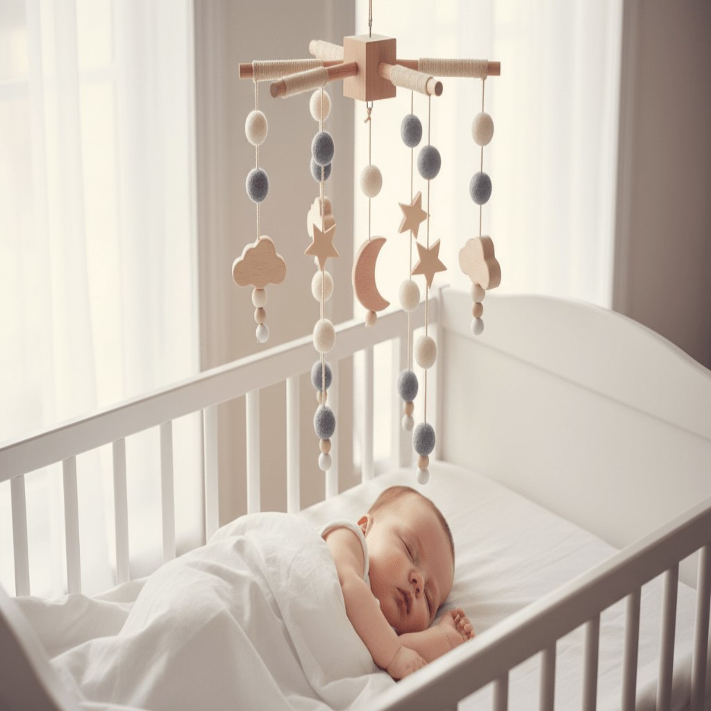 Mobile bébé bois naturel gris pour bébé calme 