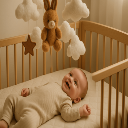 Mobile bébé lapin brun avec bébé souriant 