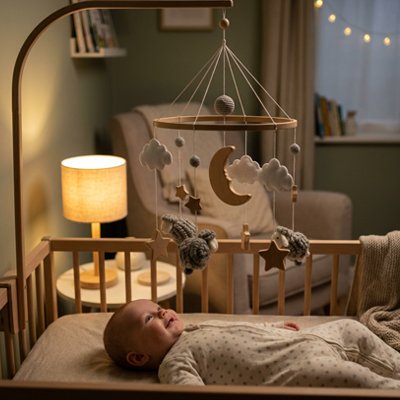 MOBILE BEBE MOUTON GRIS DANS NUIT AVEC BEBE