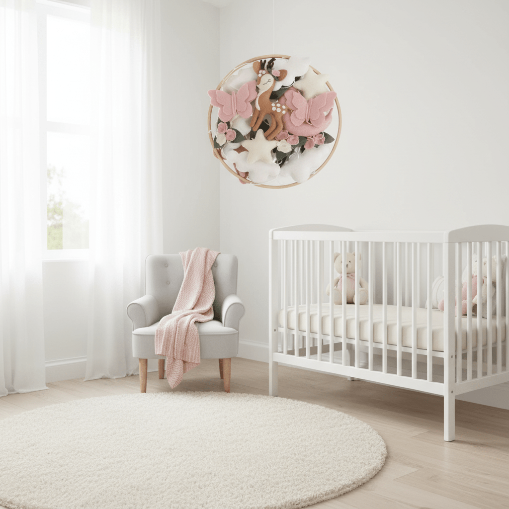 Mobile bébé naturel avec papillon rose 