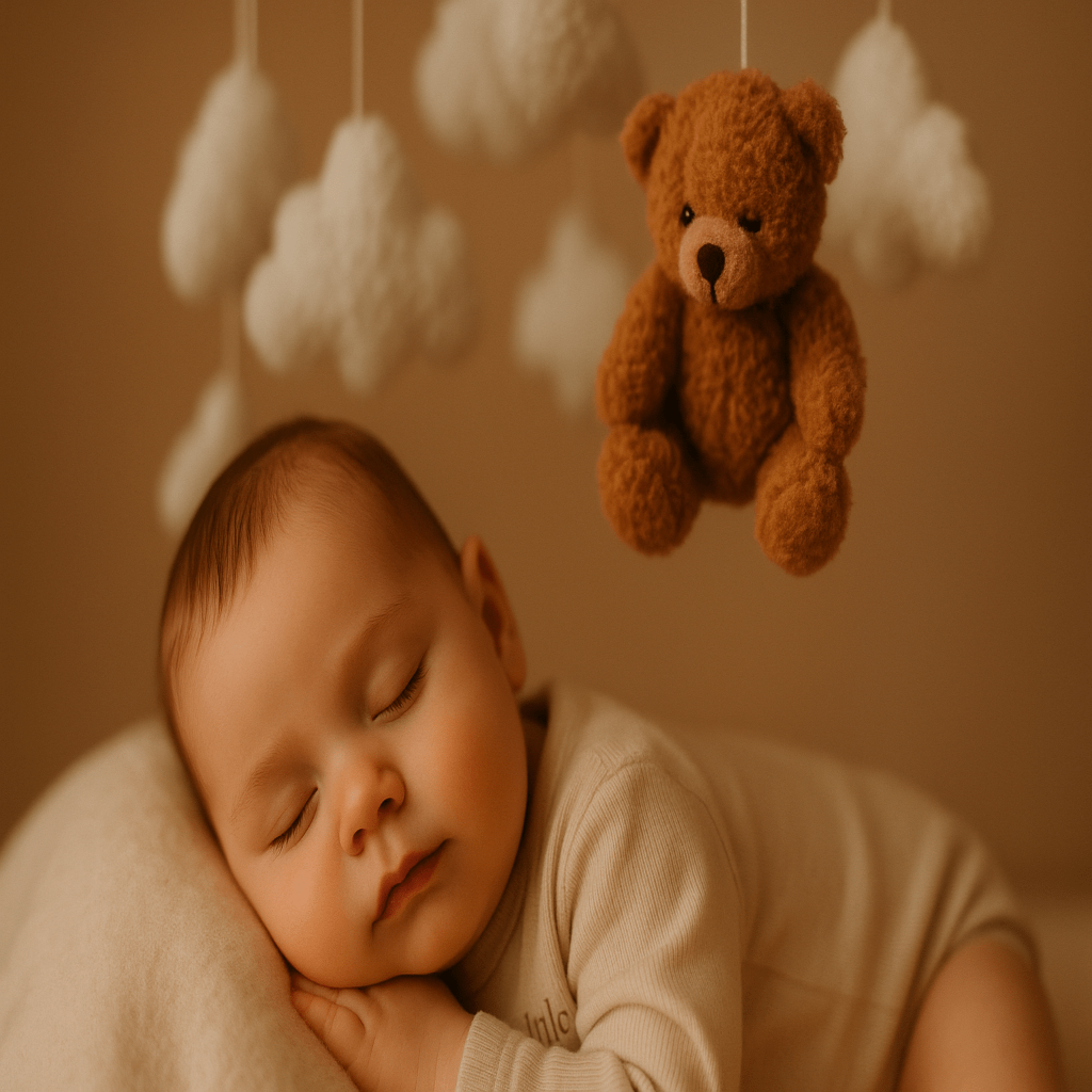 Mobile bébé ourson brun avec bébé endormi 