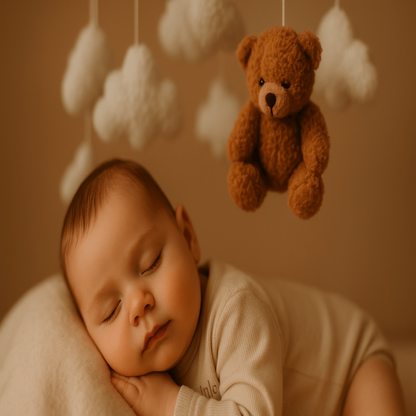 Mobile bébé ourson brun avec bébé endormi 