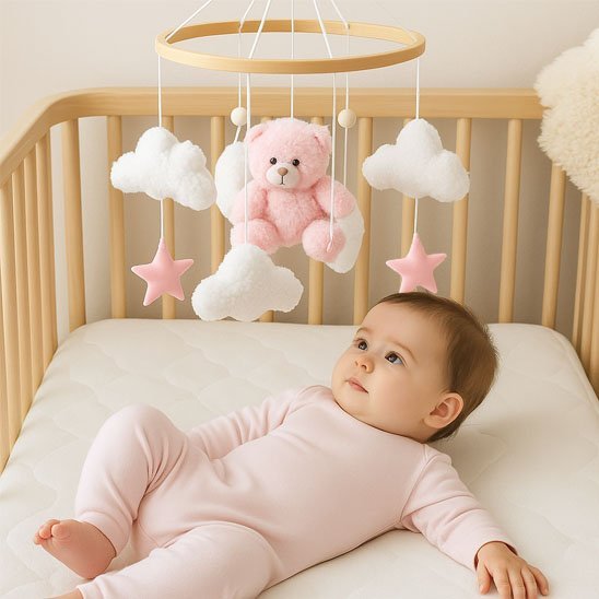MOBILE BEBE OURSON ROSE AVEC BEBE EVEILLER 