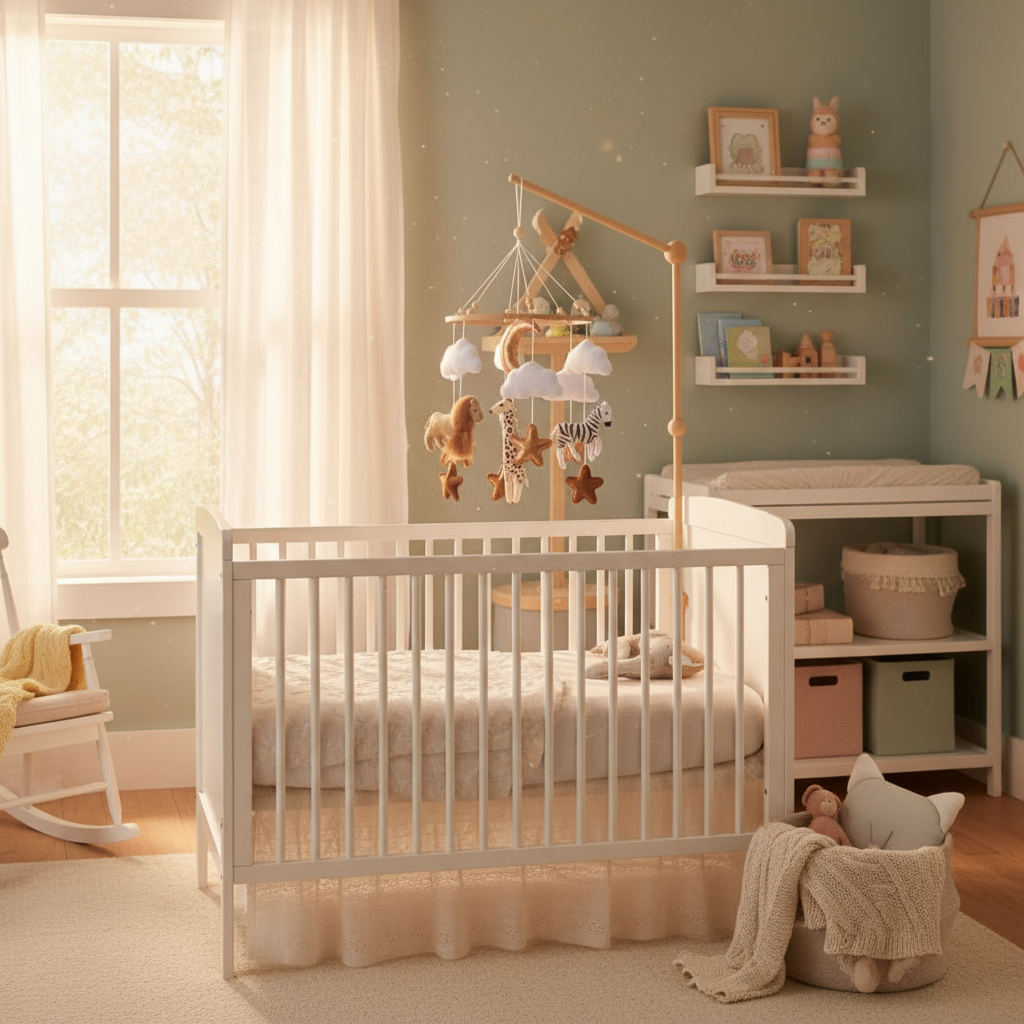 Mobile bébé safari dans chambre lumineuse