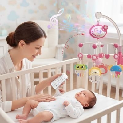 Mobile musical bébé avec bébé et maman souriante