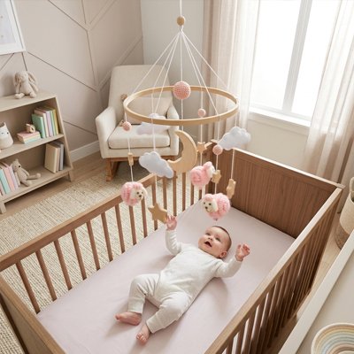 Mobile pour bébé motif mouton avec bébé