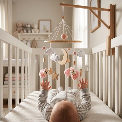 Mobile pour bébé mouton rose avec bébé coucher