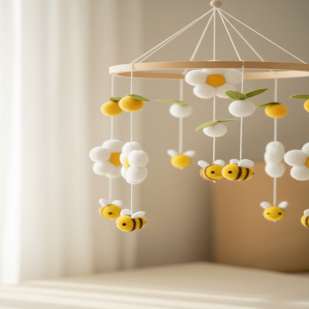 Mobile pour berceau abeilles jaune et Fleurs artisanal 