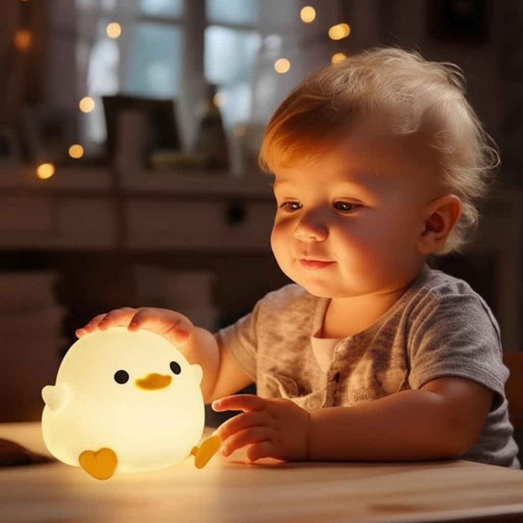 Moment tendre avec veilleuse bébé poussin