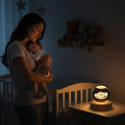 Moment tendre maman bébé nuit avec lampe boule Saturne
