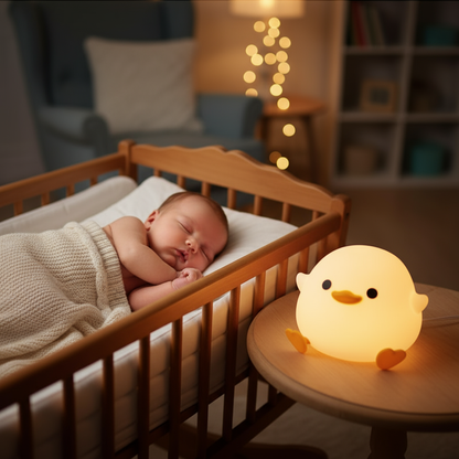 Nouveau-né paisible avec veilleuse poussin