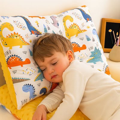 Oreiller bébé dinosaure jaune avec garçon 